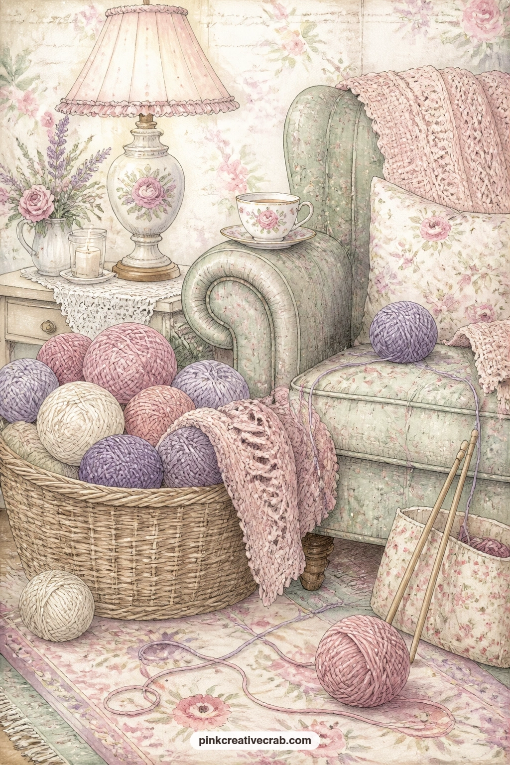 Yarn Basket By The Armchair printable page — Tuck a small handwritten note about the project you are working on right now, or glue in a scrap of real yarn to