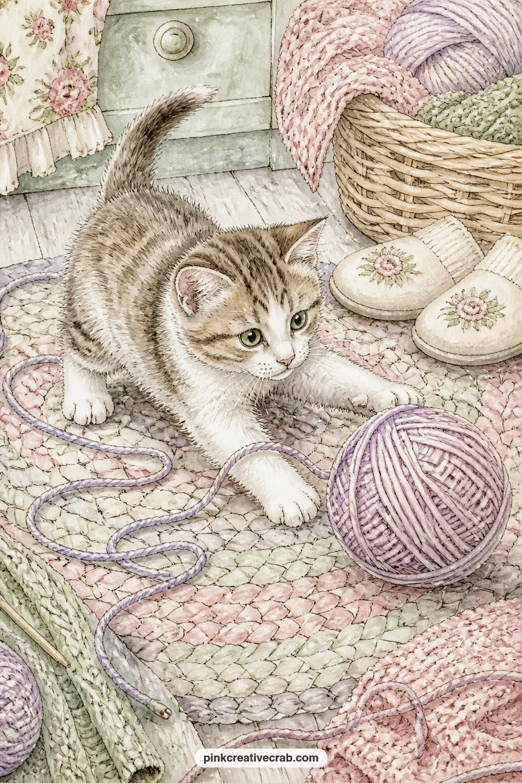 Kitten With A Yarn Ball printable page — The usual mistake here is leaving too much bare rug around the kitten; keep the braided rug pattern running right to