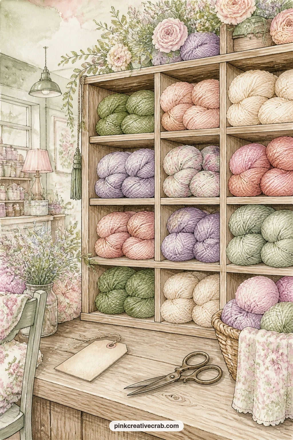 Yarn Shop Cubby Shelf printable page — Tear the top edge of this page slightly before gluing it in, so the shelf of skeins looks like a torn page from an old