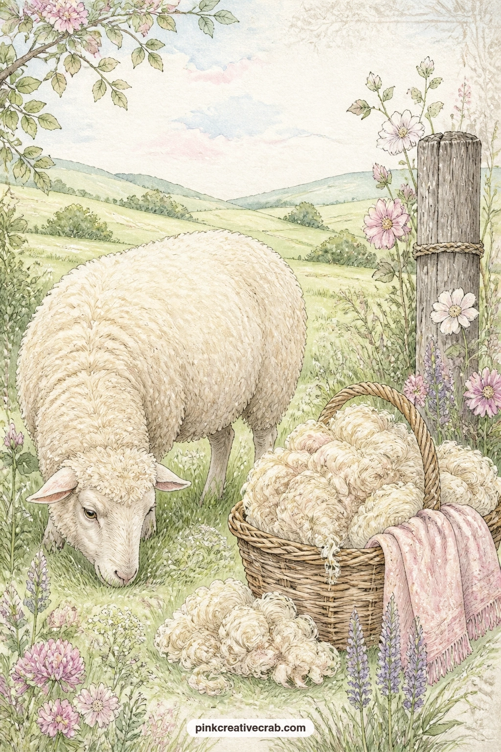 Sheep In The Meadow printable page — A sheep grazing beside a basket of freshly sheared wool makes a gentle first page for anyone starting a knitting journal