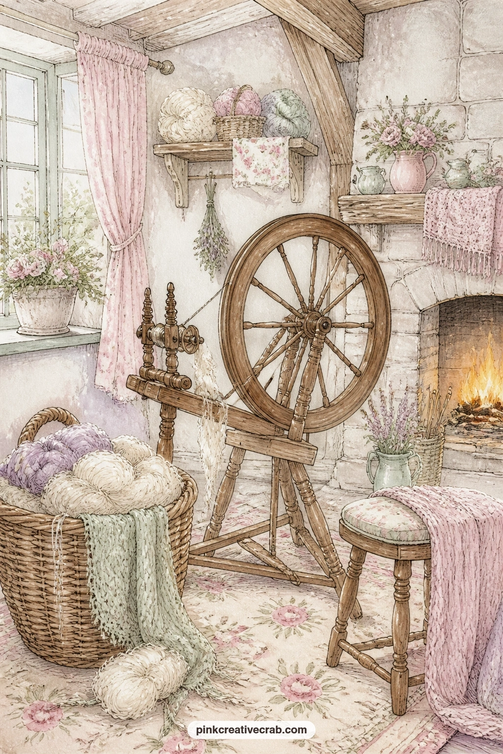 Spinning Wheel In The Cottage printable page — The usual slip with a spinning wheel page is making the wheel too small to notice; let it take up most of the