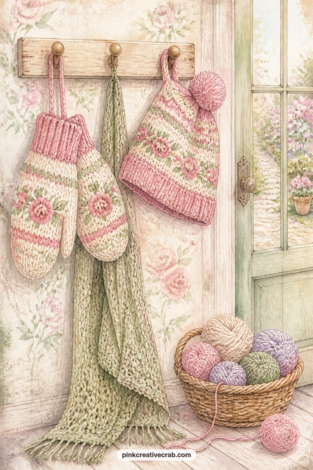 Mittens And Hat On Pegs printable page — Glue a small paper tag onto one mitten with the date or the season written on it, a quiet way to mark when you made