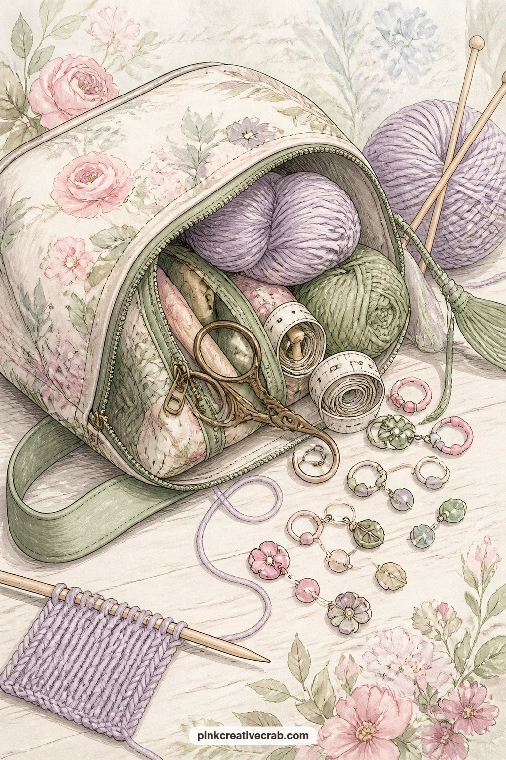 Knitting Bag And Stitch Markers printable page — List what actually lives in your own knitting bag on this page, a small practical page that doubles as a