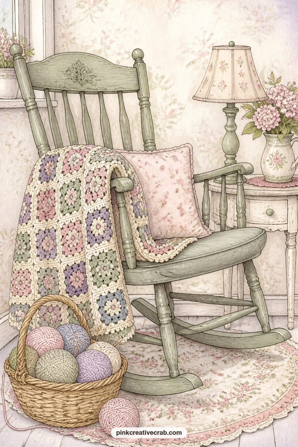 Rocking Chair And Granny Square printable page — Place this page across from the window seat scene earlier in the set, so two resting spots face each other in