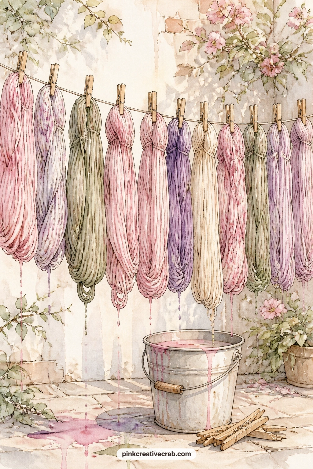Yarn Drying After Dyeing printable page — The five minute version of this page only needs the line of skeins coloured in, leaving the background a quick pale