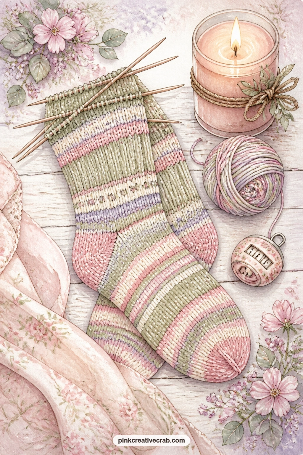 Socks On Double Pointed Needles printable page — Pair this page with the yarn and teacup lined page further on, so a half finished sock faces a space for notes