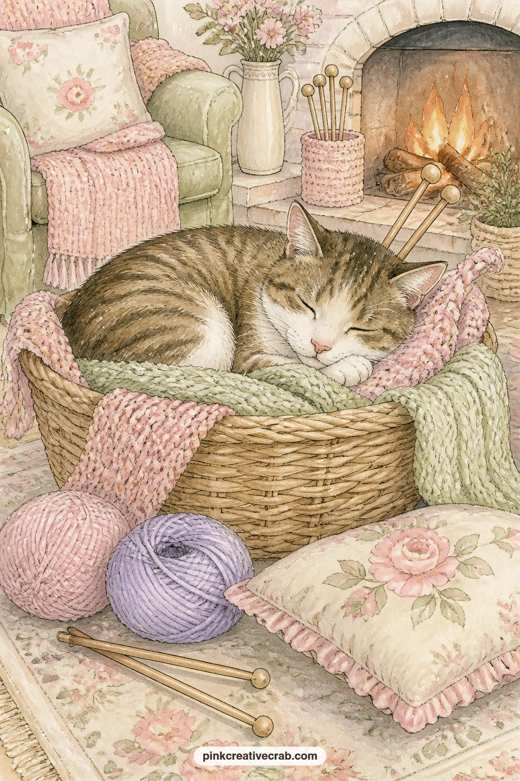 Cat Asleep In The Knitting printable page — For a true five minute version, colour only the sleeping cat and let the basket and yarn around it stay a loose