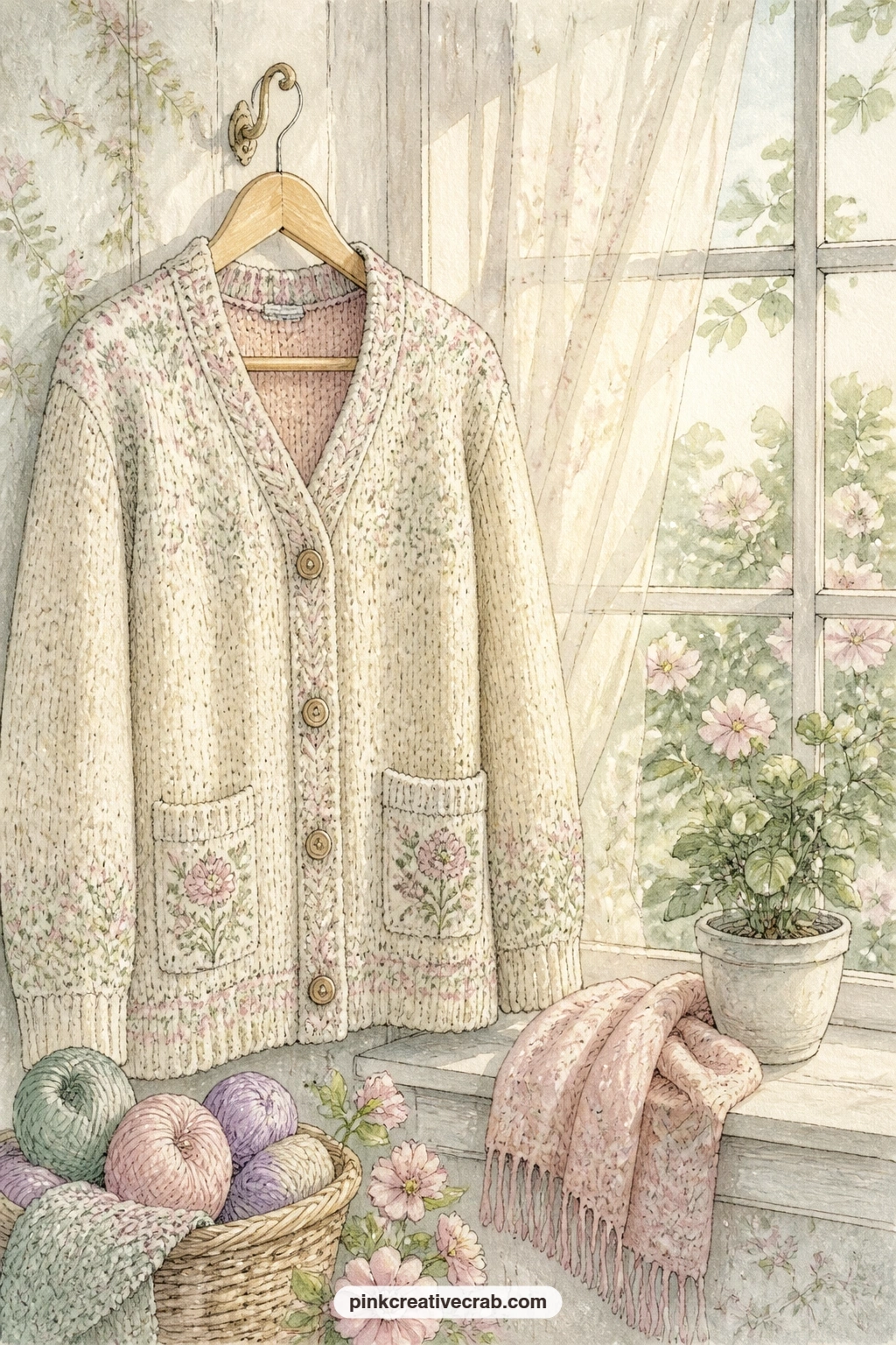 Cardigan By The Sunny Window printable page — A knitted cardigan on a hanger catches good light, so use this page near the front of your journal where readers