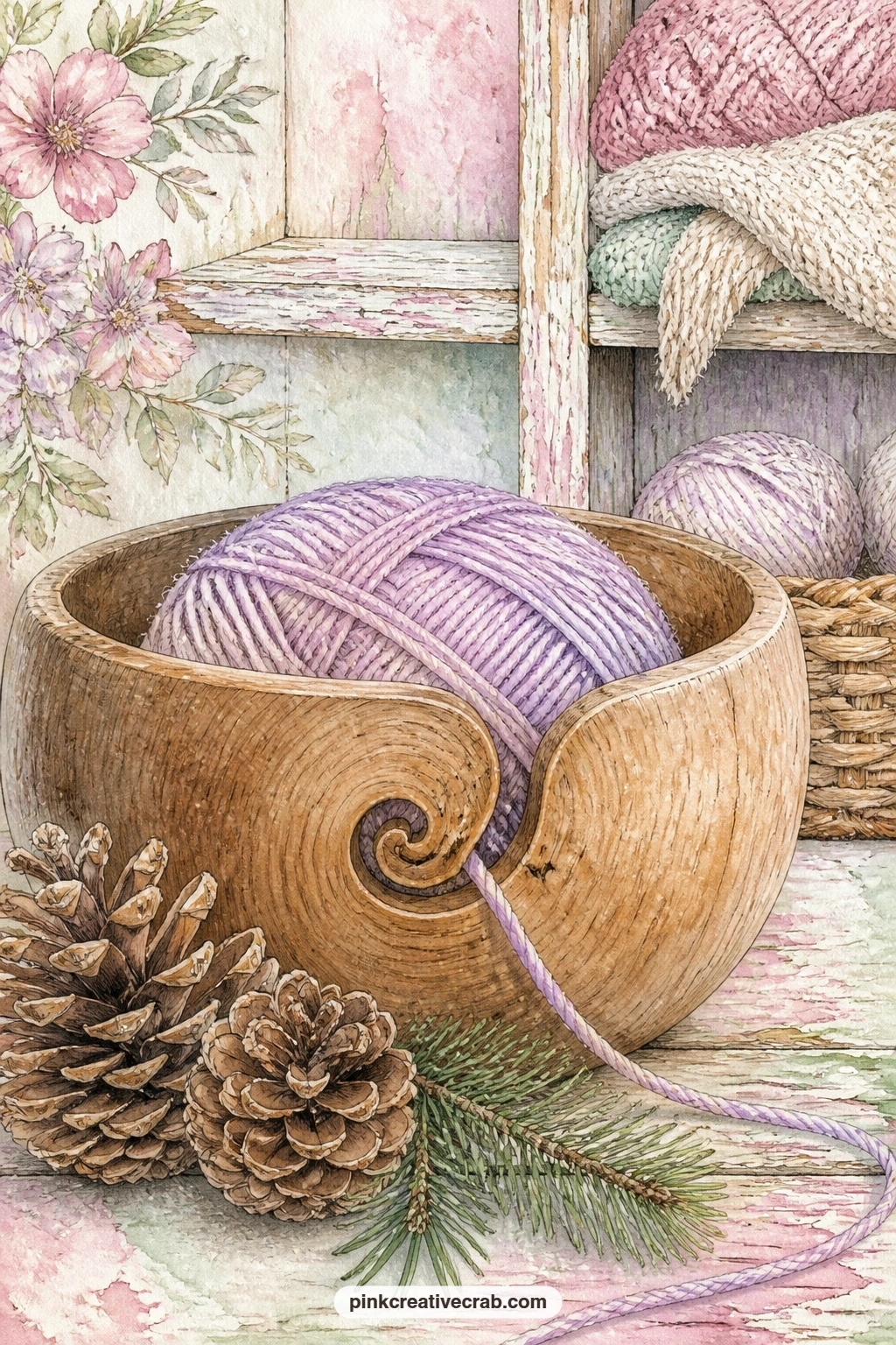 Yarn Bowl By The Pine Cones printable page — Tea stain the edges of this page lightly before gluing it in, it suits the pine cones and wooden bowl better than