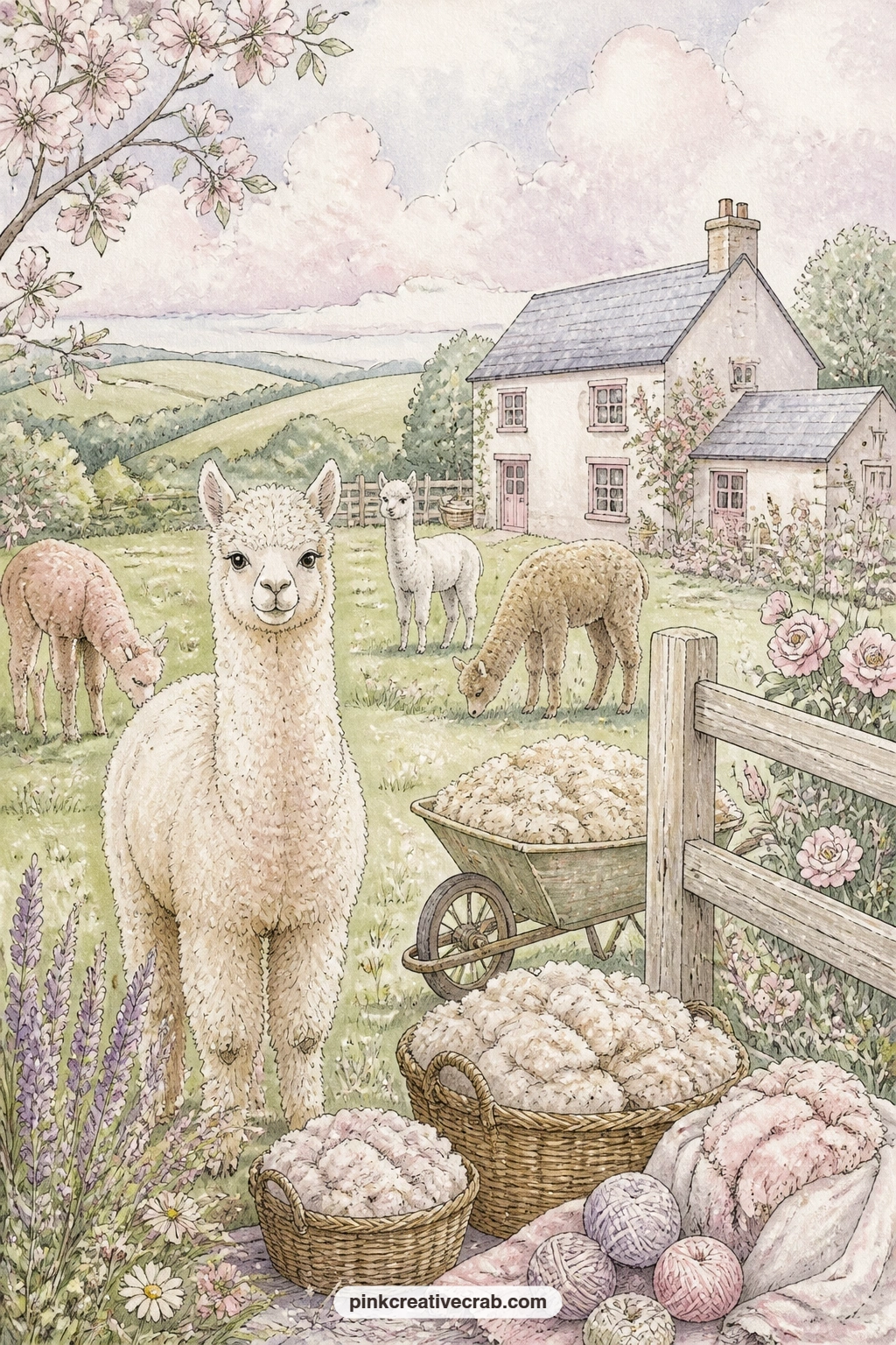 Alpacas Near The Farmhouse printable page — Alpacas grazing near baskets of their own wool make a gentle nod to where yarn begins, worth a page of its own