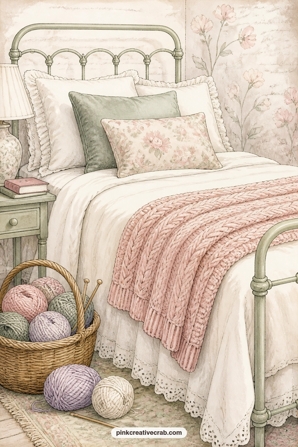 Bed With A Knitted Throw printable page — Close the scene pages here with a question prompt: ask what you hope to finish knitting before the season turns, and