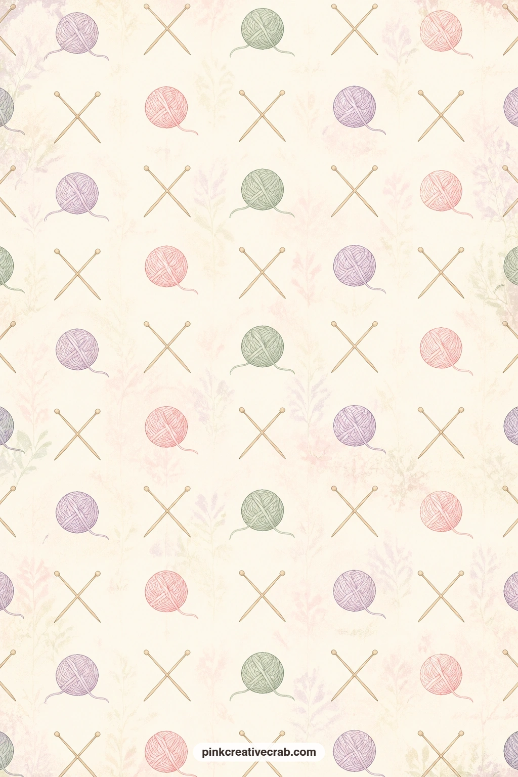Tiny Yarn Balls Pattern printable page — Small scattered yarn balls and crossed needles repeat edge to edge in this soft palette, useful under photos, as a