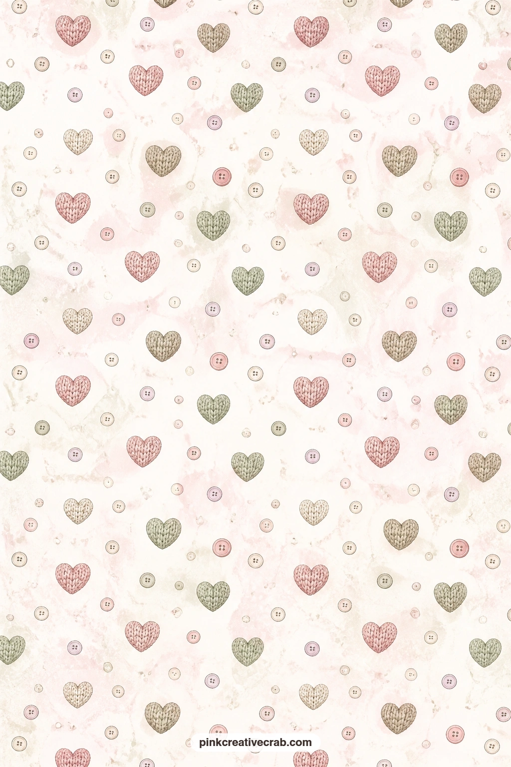 Knitted Hearts And Buttons Paper printable page — Tiny knitted hearts scatter among small buttons across this page, good for a pocket lining, a photo backdrop