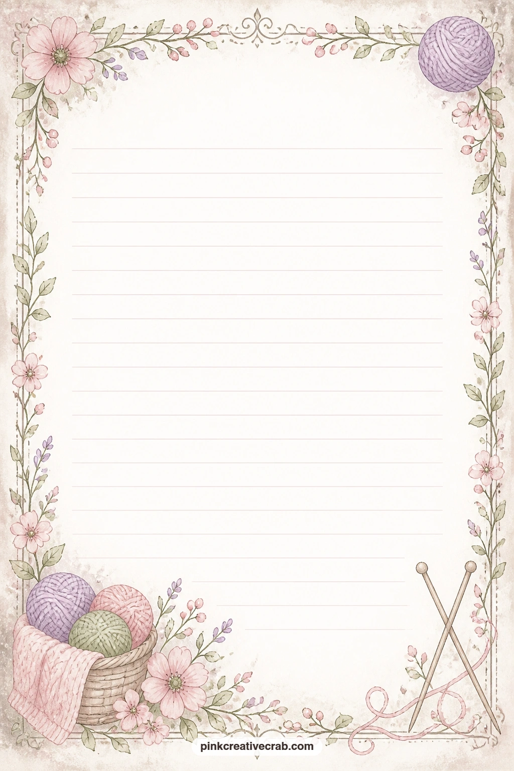 Knitting Needles Corner Lined Page printable page — Crossed knitting needles rest in one corner of this page, while the ruled lines below sit open for a menu