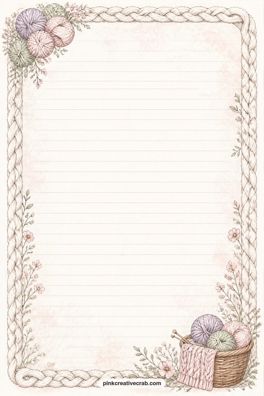 Cable Knit Frame Lined Page printable page — A narrow cable knit frame runs around the edge of this page, leaving the ruled lines inside open for pattern
