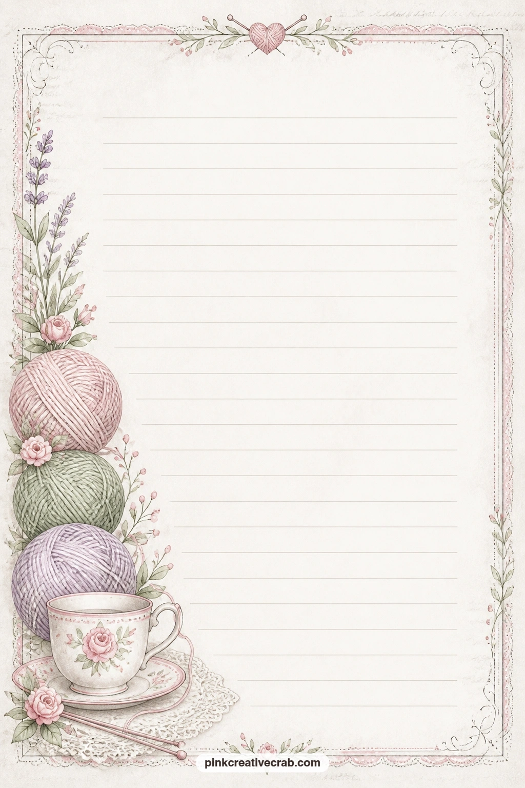 Yarn And Teacup Lined Page printable page — A small sketch of yarn and a teacup sits along one side of this page, with the ruled lines beside it left free for