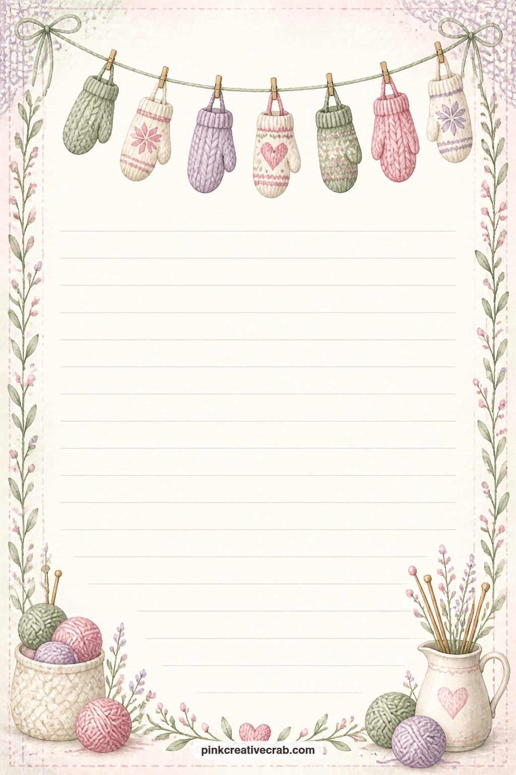 Knitted Mitten Garland Lined Page printable page — A garland of tiny knitted mittens strings across the top of this page, while the ruled lines below stay open