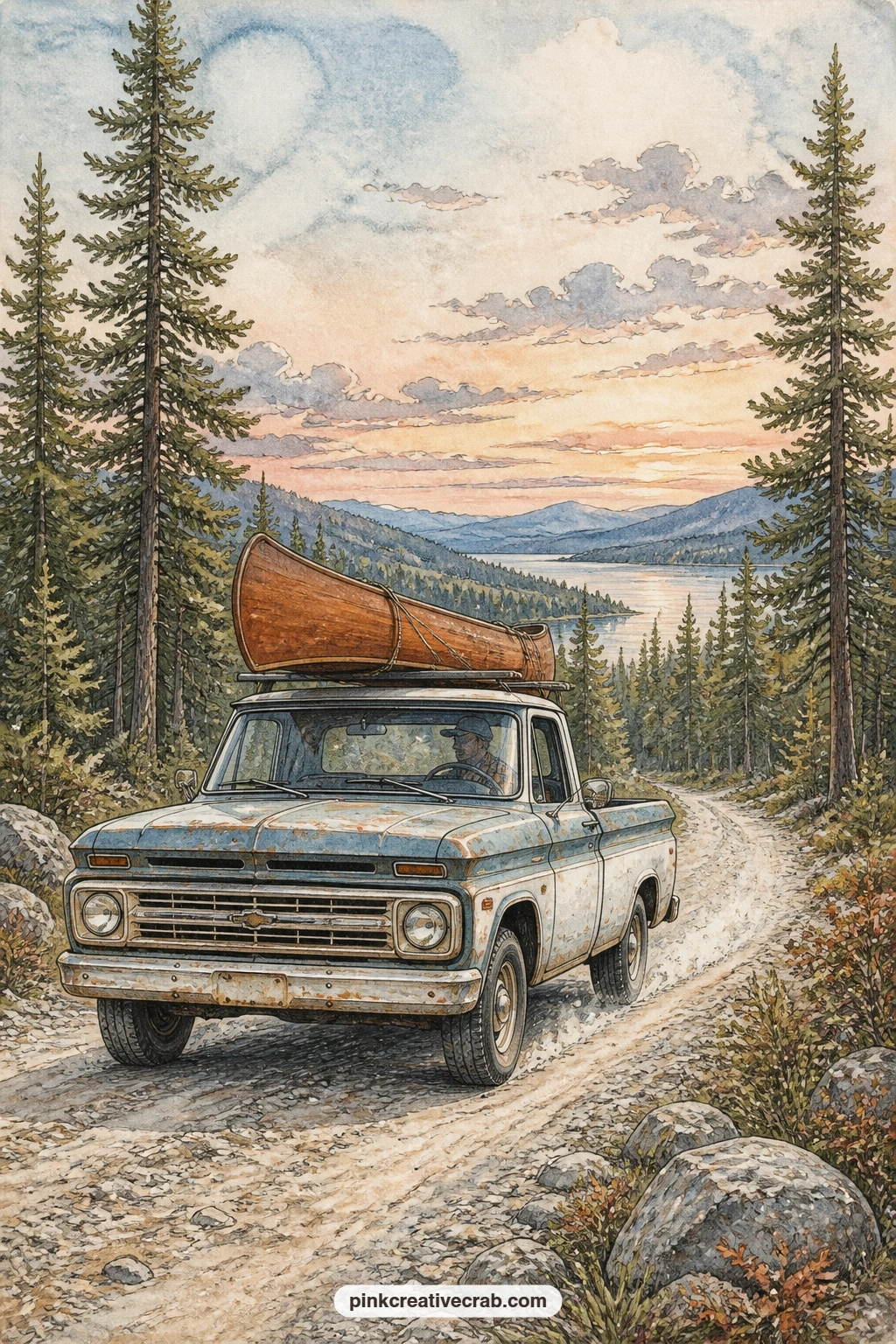 Pickup Truck On Gravel Road printable page — Rolling down a gravel road with pine trees crowding both sides and a canoe strapped to the roof, this page sets