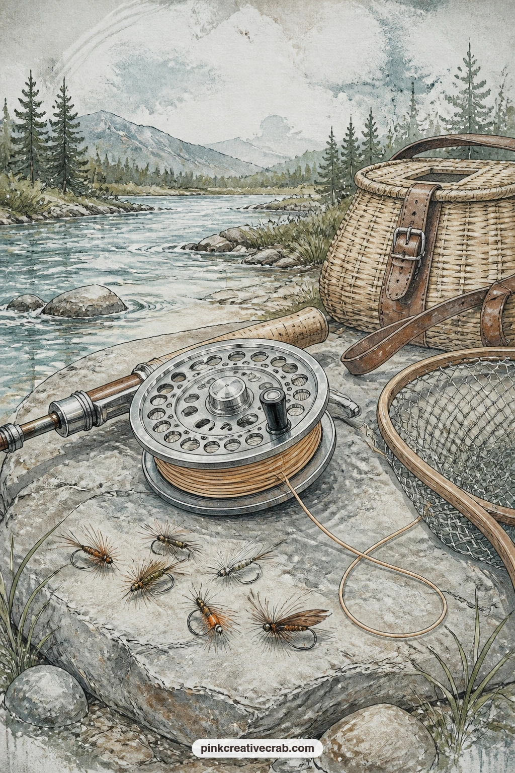 Fly Fishing Reel On The Rock printable page — Pair this with the fishing flies background paper later in the set, tucking a strip of it behind the reel as a