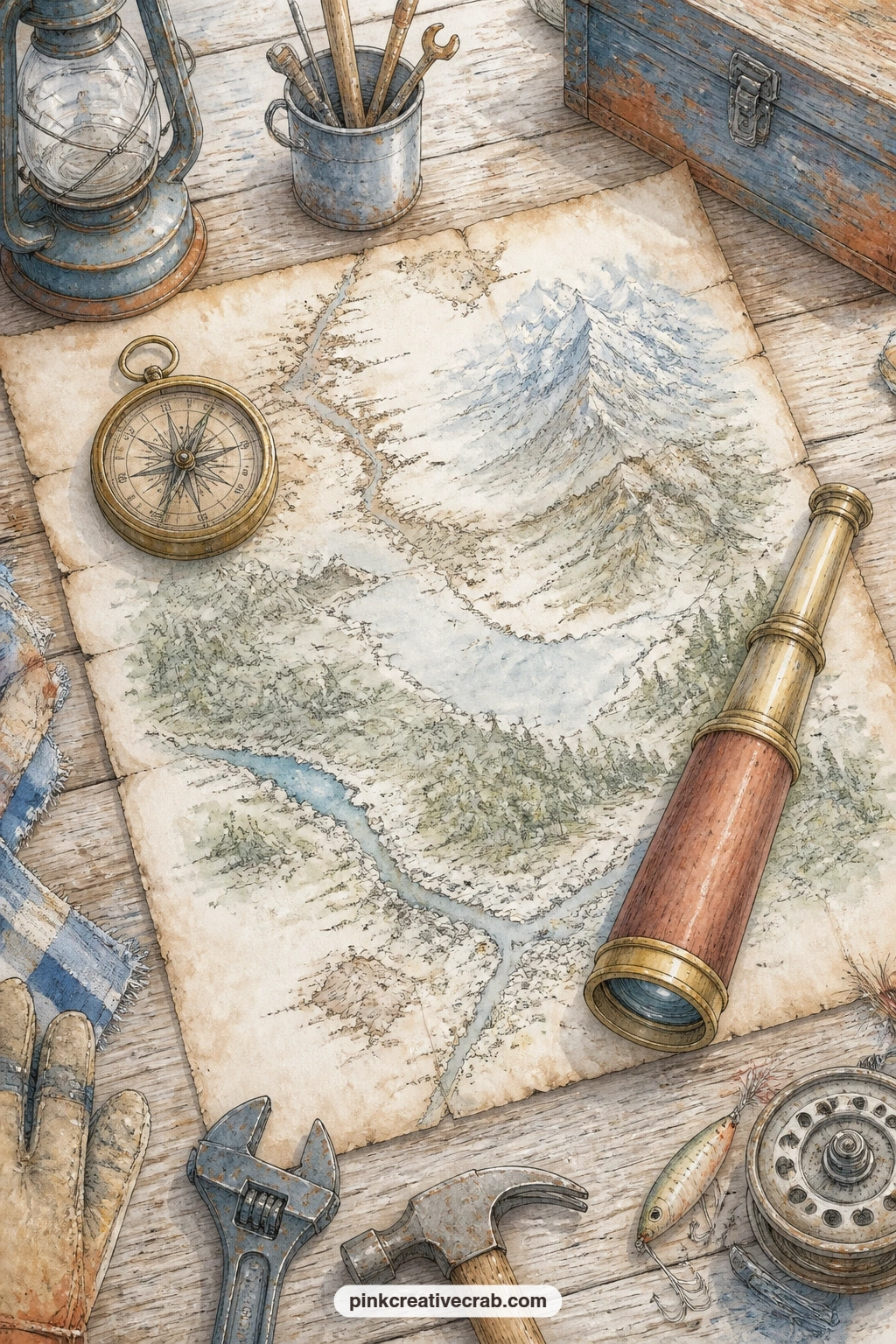 Antique Map On The Workbench printable page — Spread across a worn workbench, an unlabeled map unrolls under a brass compass and an old spyglass, as if someone