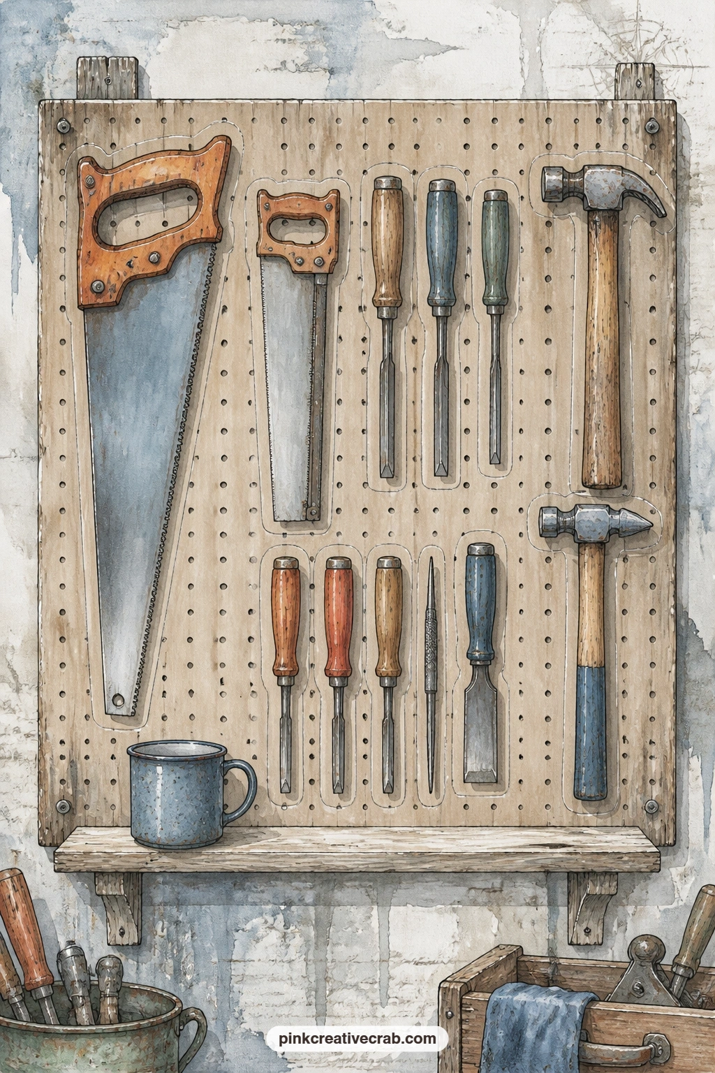 Workshop Pegboard With Tools printable page — The usual mistake with a busy tool page like this is cramming it onto a spread with another full page and losing