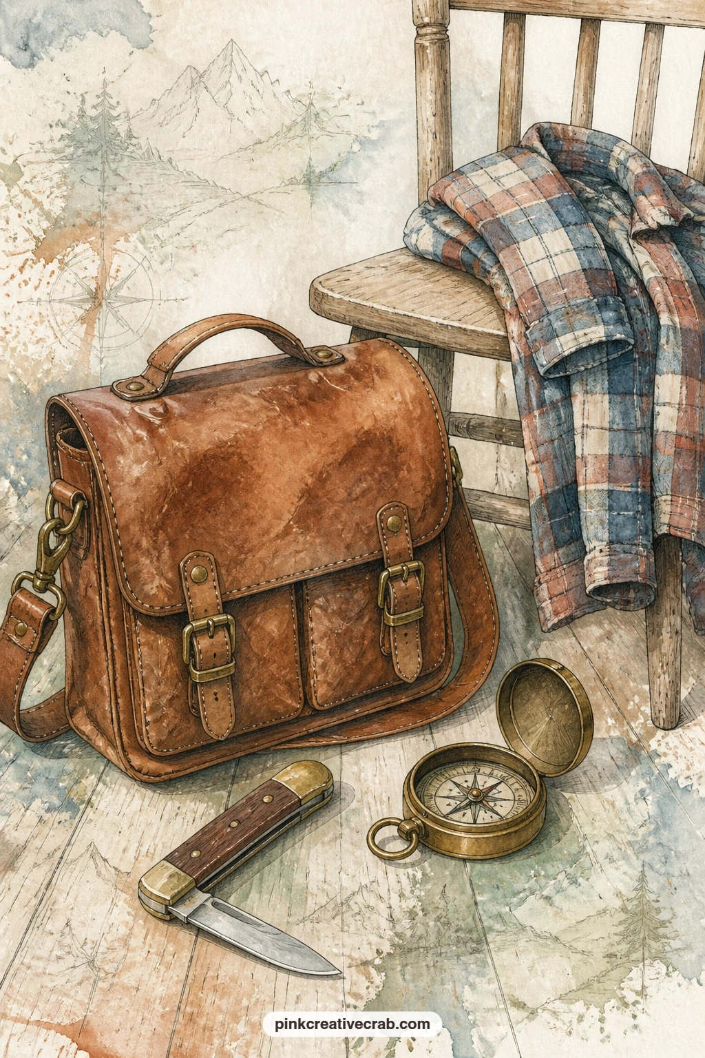 Leather Satchel And Pocket Knife printable page — This page suits the quieter man in the family, the one who keeps his gear simple: a satchel, a pocket knife