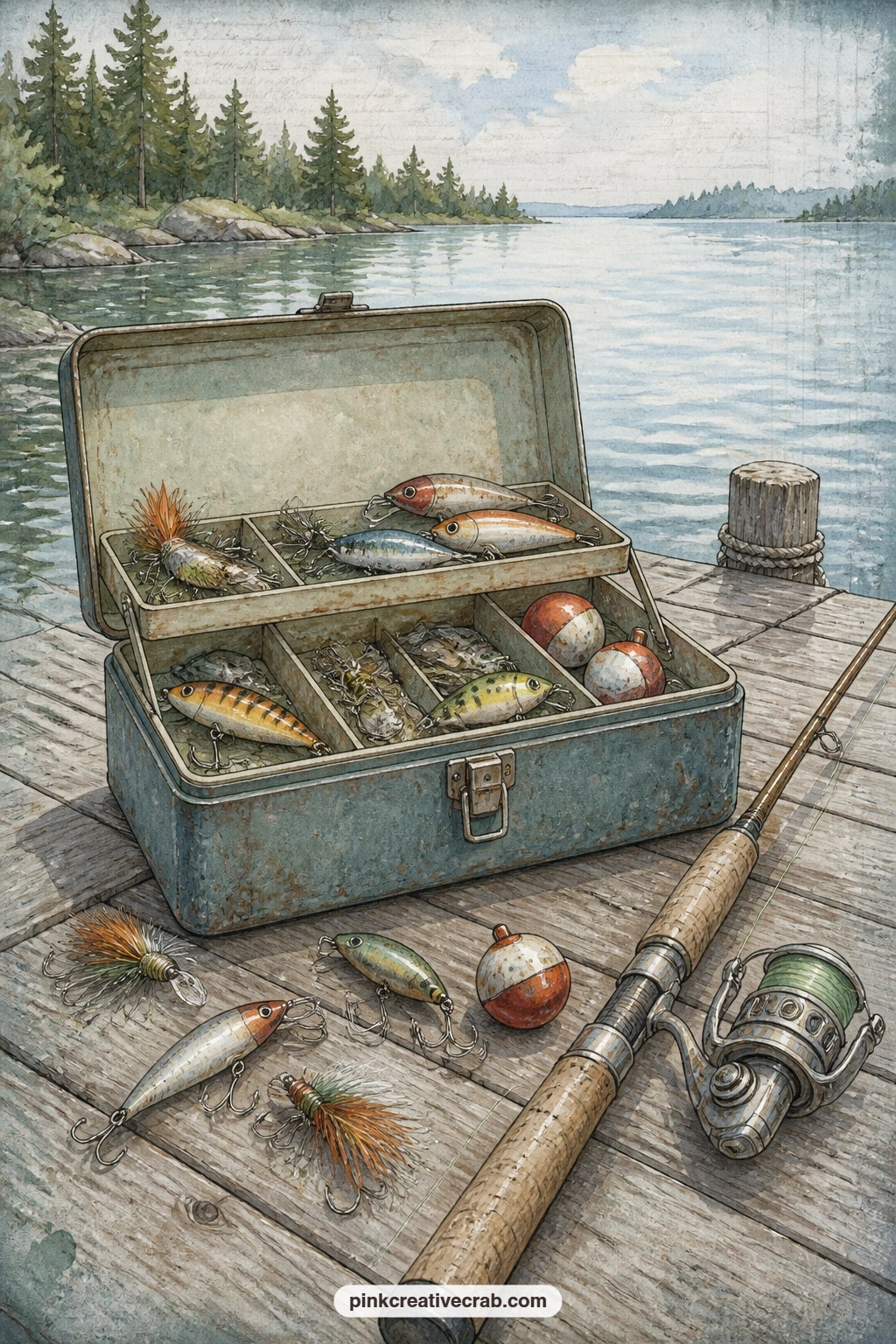 Tackle Box On The Dock printable page — Tearing the top edge of this page before gluing it in gives the dock boards a rough, weathered line that matches the