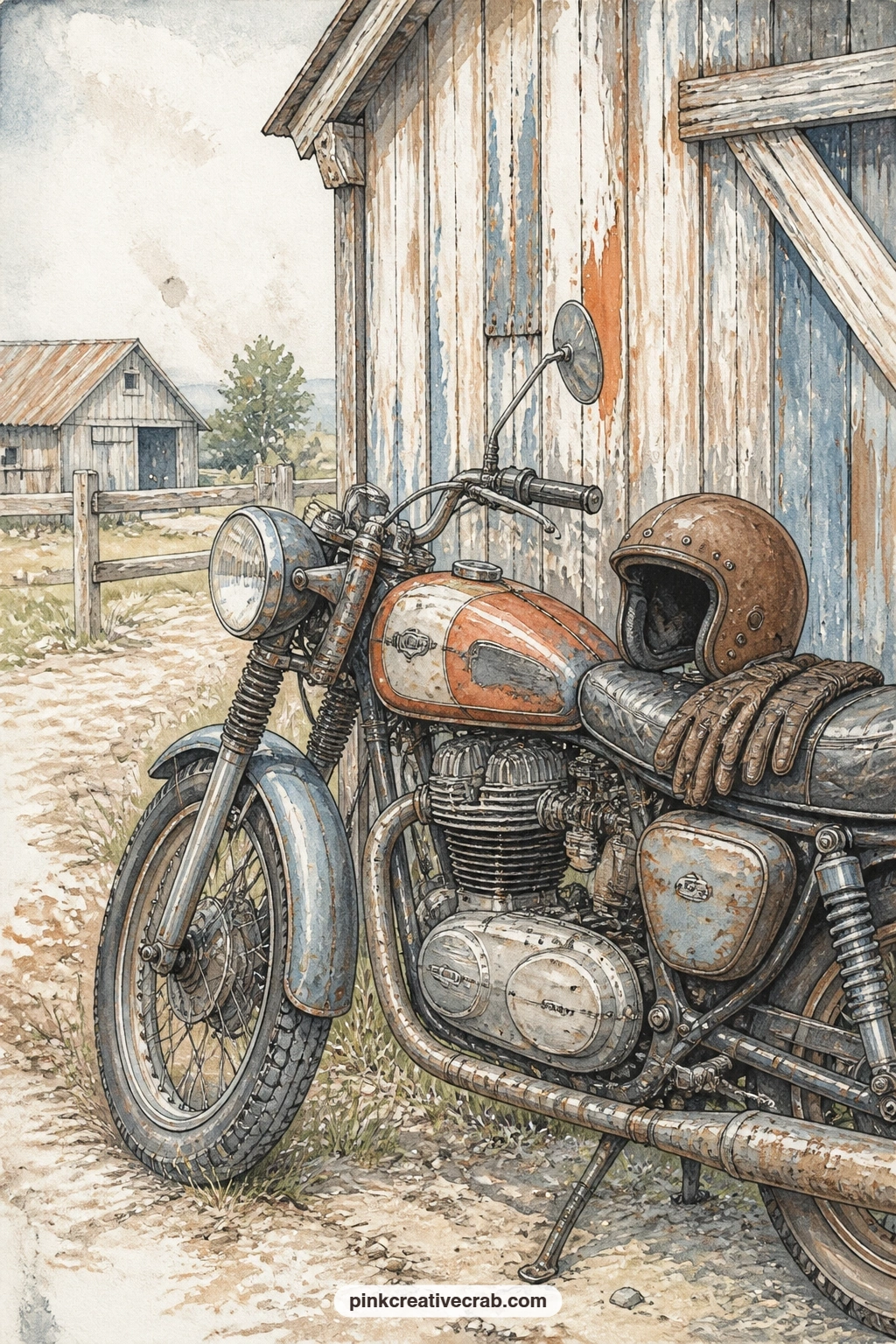 Motorcycle By The Barn printable page — Glue a small photo corner or ticket stub near the helmet here, since this page reads like the start of a weekend ride