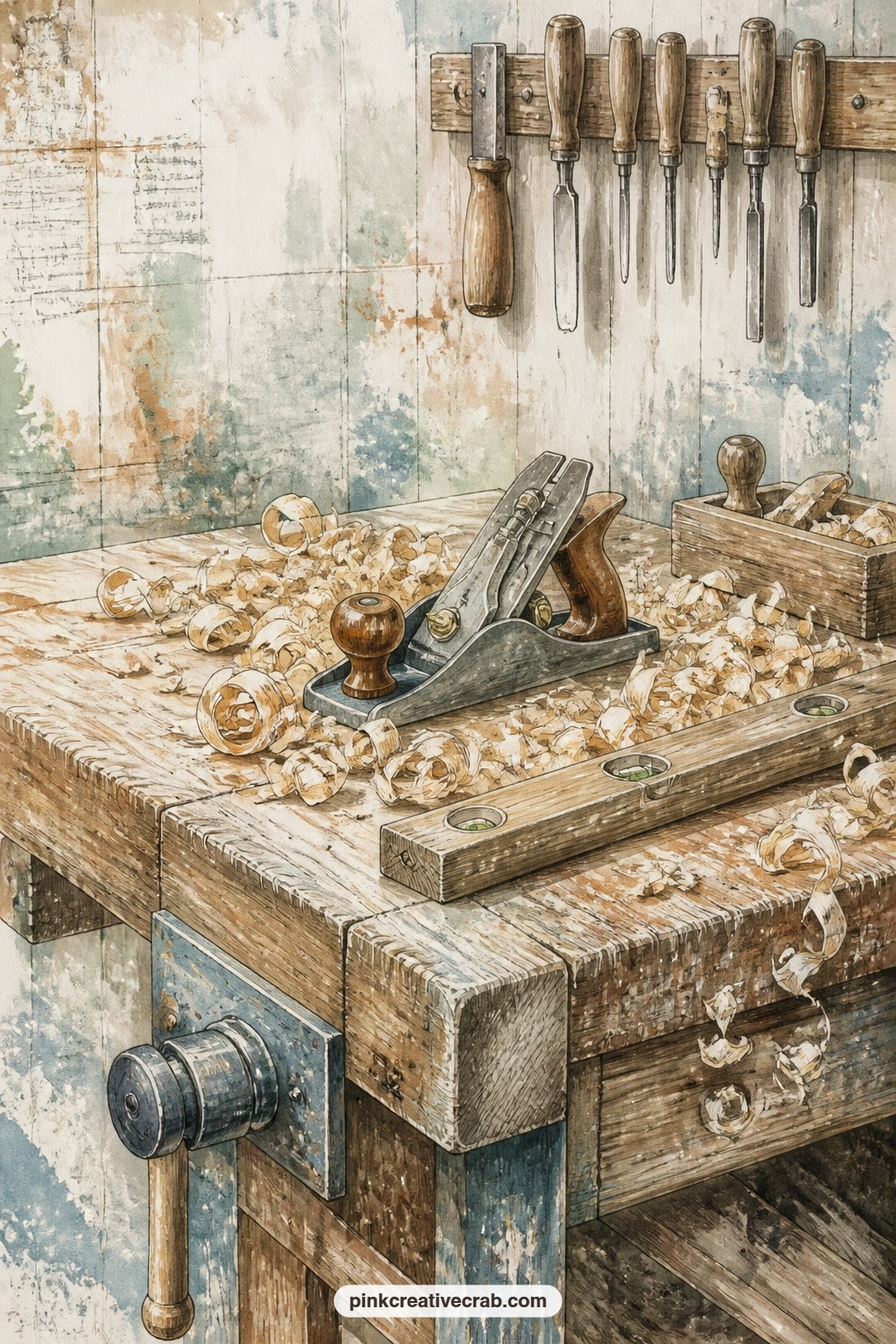 Carpenter's Bench And Shavings printable page — Curls of wood shavings scatter around a hand plane and a level laid across the bench, the quiet mess of someone