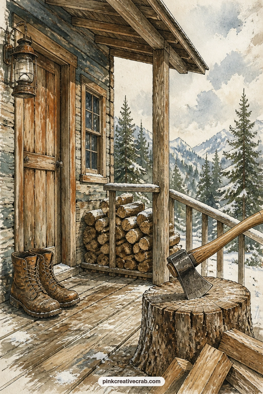 Cabin Porch And Firewood printable page — Try the five minute version of this page by sticking to the main stump and axe, skipping the boots and woodpile if