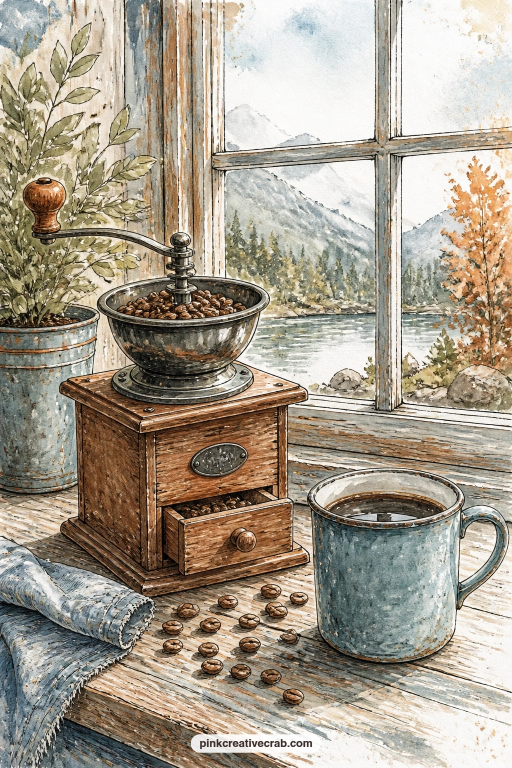 Coffee Grinder By The Window printable page — Loose coffee beans scatter near the grinder and a half full mug on the wooden counter, with morning light painted