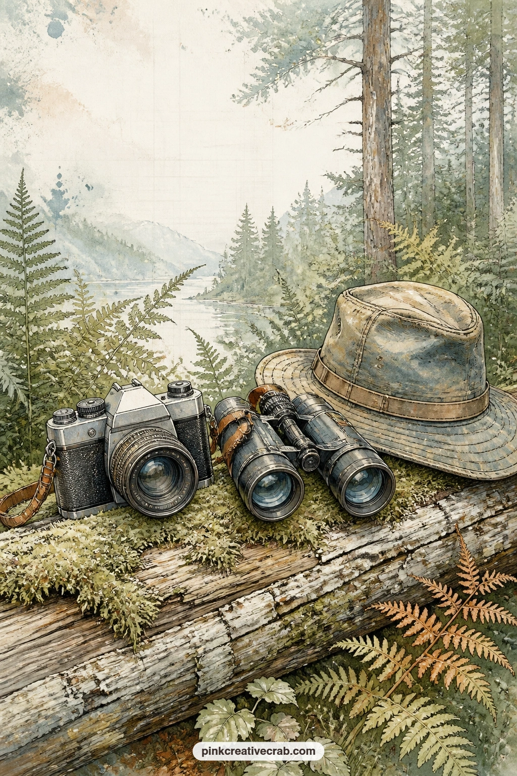 Camera And Binoculars On The Log printable page — Write the trip details right on this one: the trail name, the weather, what you actually saw through the