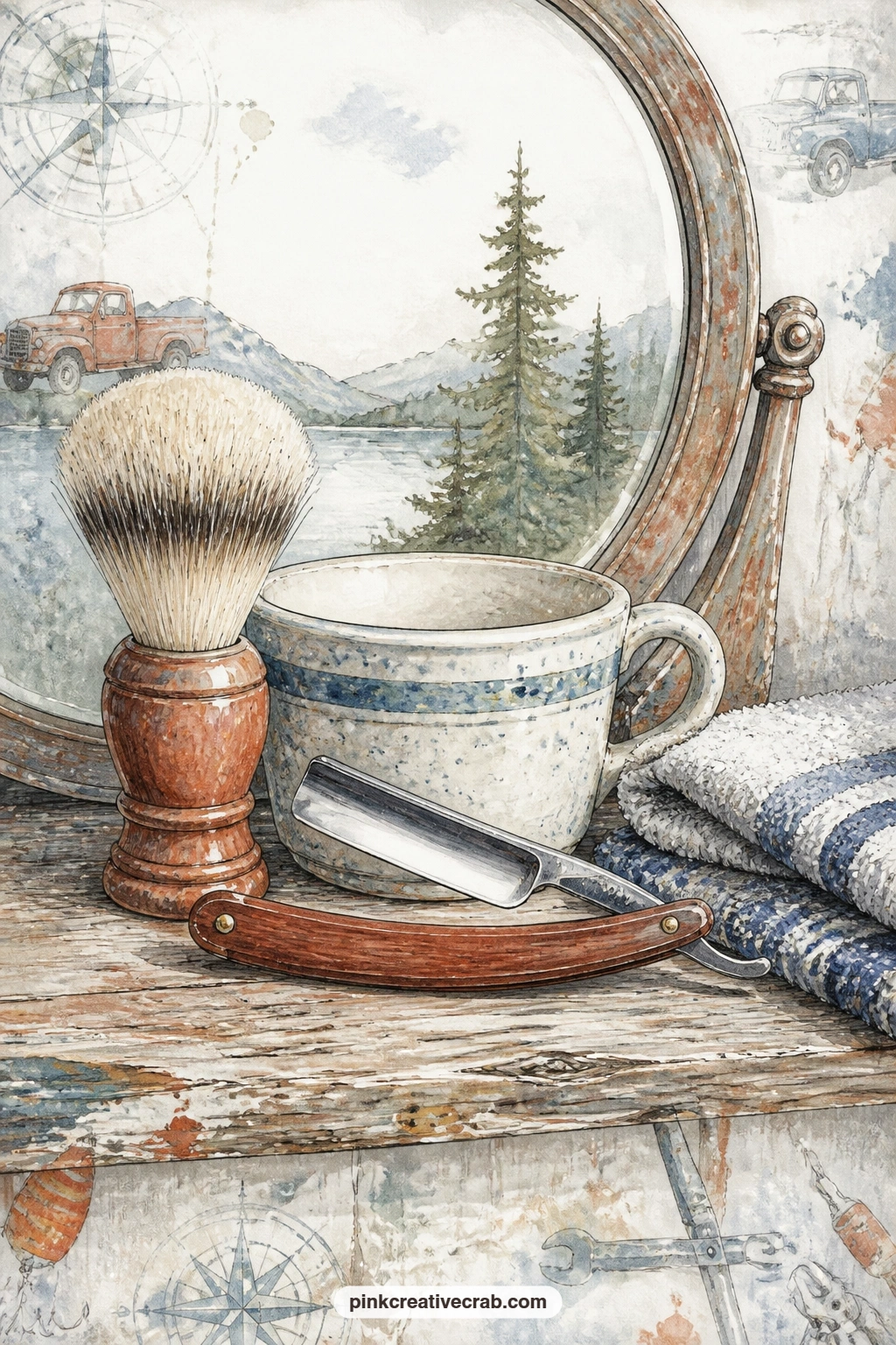 Shaving Kit By The Mirror printable page — A brush, razor and mug sit together on the counter, a folded towel nearby, with the edge of an old mirror painted