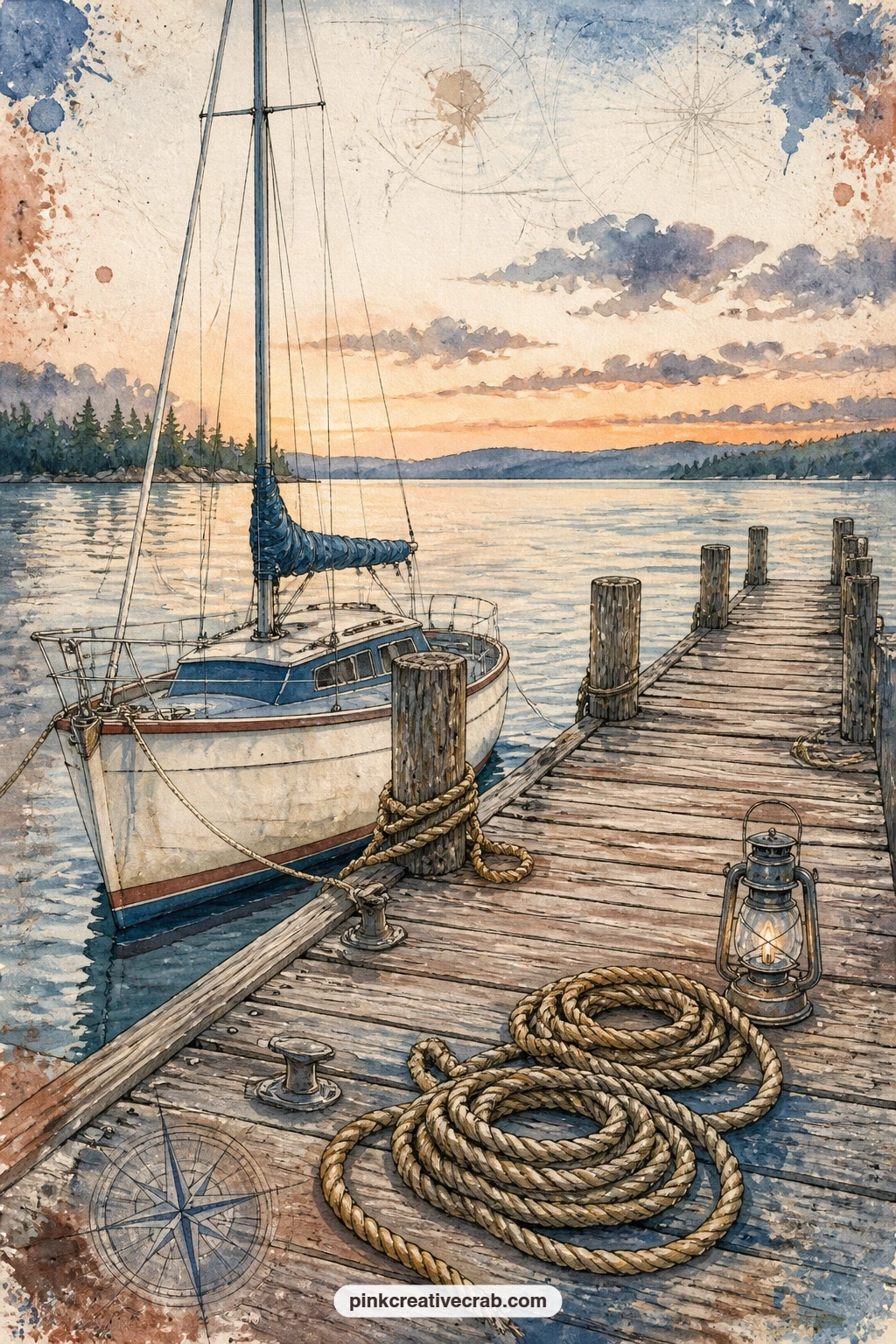 Sailboat At The Wooden Pier printable page — Fold this page down the middle to make a simple window: cut a flap over the lantern so it lifts to reveal a note