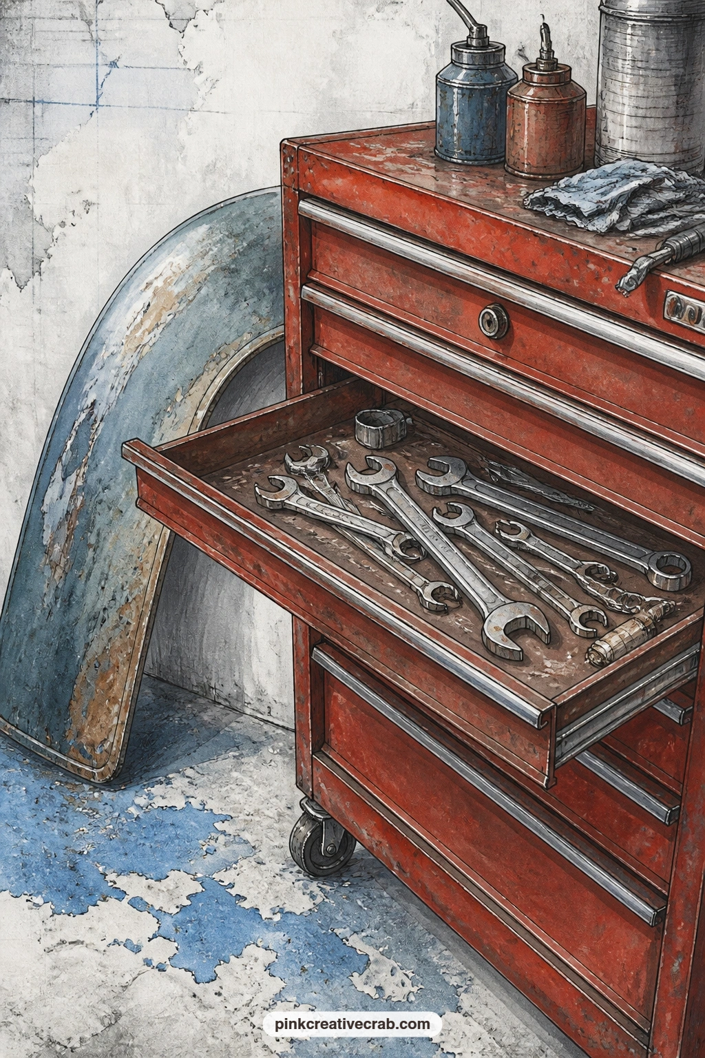Garage Corner With Tool Chest printable page — A red tool chest anchors the corner, wrenches scattered across its top drawer, with an old car fender leaning