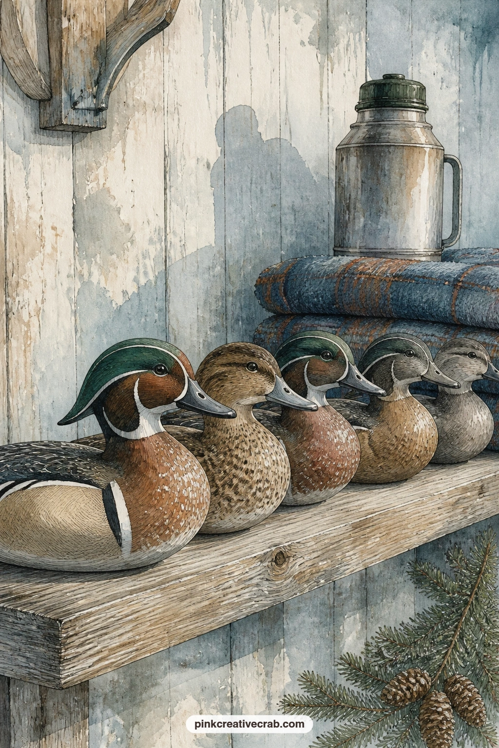 Duck Decoys On The Shelf printable page — Pair this quiet shelf page with the buffalo plaid background a few pages back, using a strip of it as a liner behind