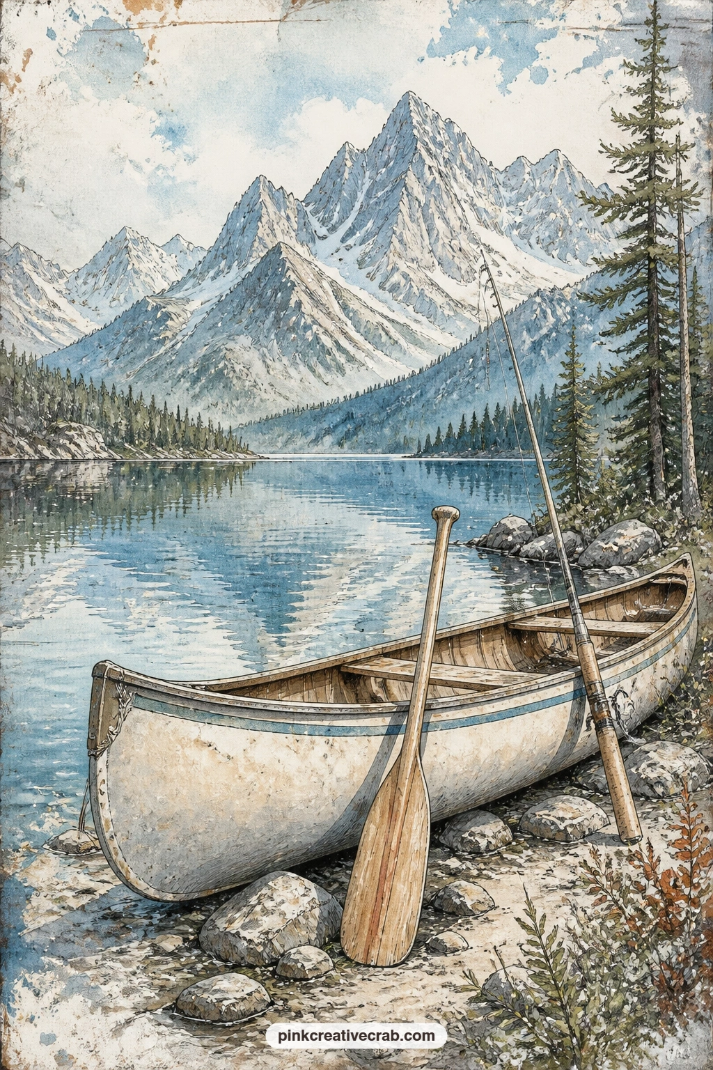 Mountain Lake Shore printable page — A canoe rests at the water's edge with a paddle and fishing pole leaning against it, mountains rising quietly across the