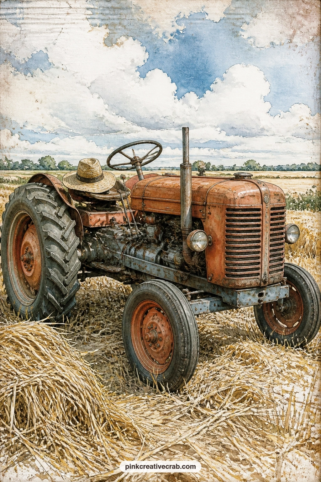 Vintage Tractor In The Hayfield printable page — A straw hat rests on the tractor seat in the middle of a golden hayfield, the kind of page that calls for a