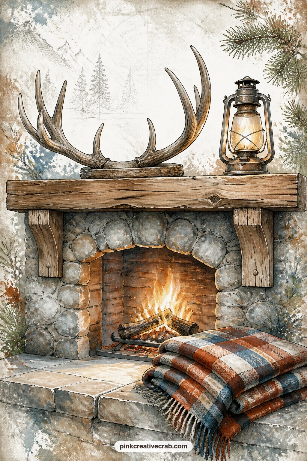 Lodge Mantel With Antlers printable page — Antlers rest above the mantel beside a lit lantern, a plaid blanket folded on the hearth below, closing this run of