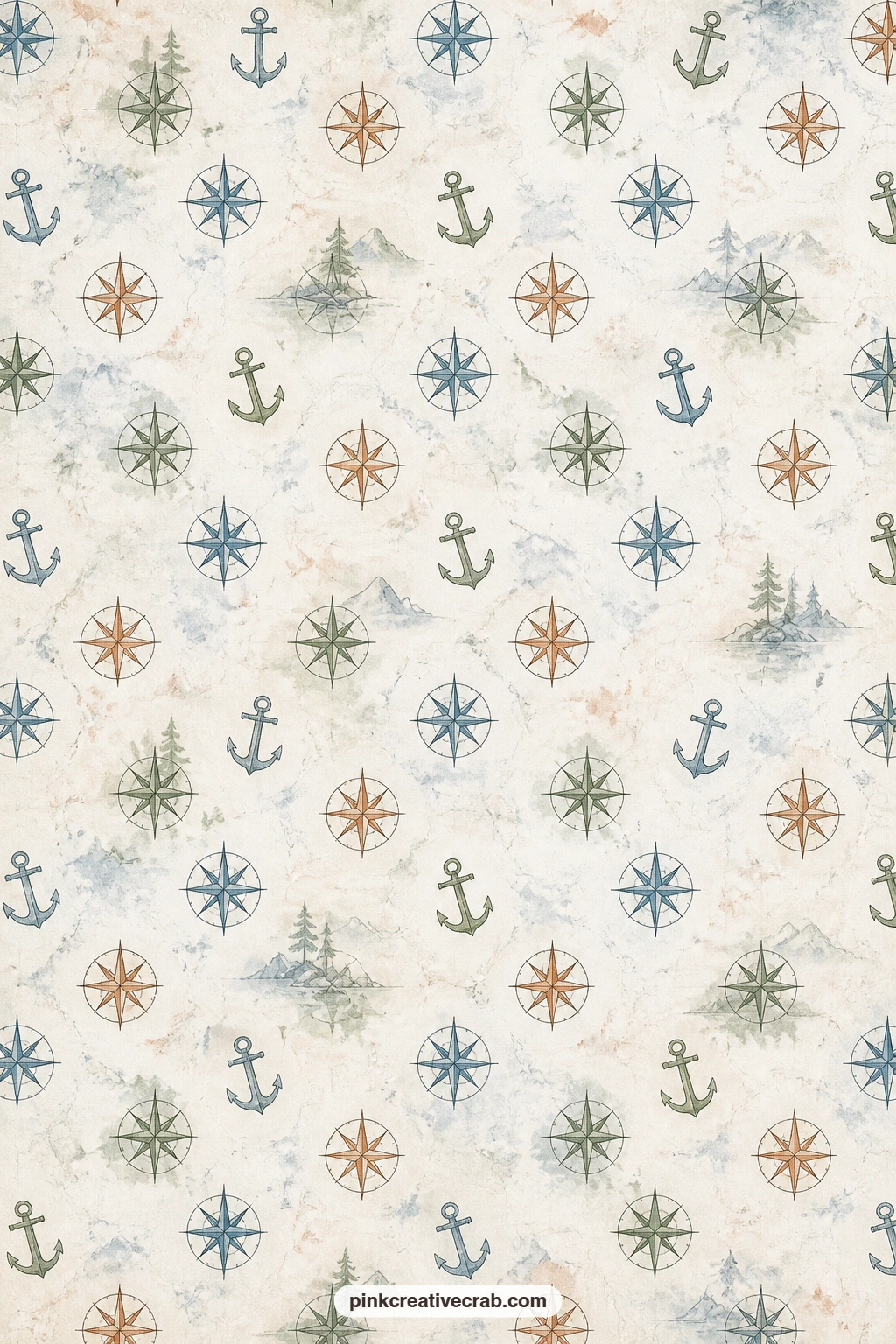 Compass Rose And Anchor Pattern printable page — Small compass roses and anchors repeat edge to edge in this quiet pattern. Masculine junk journal