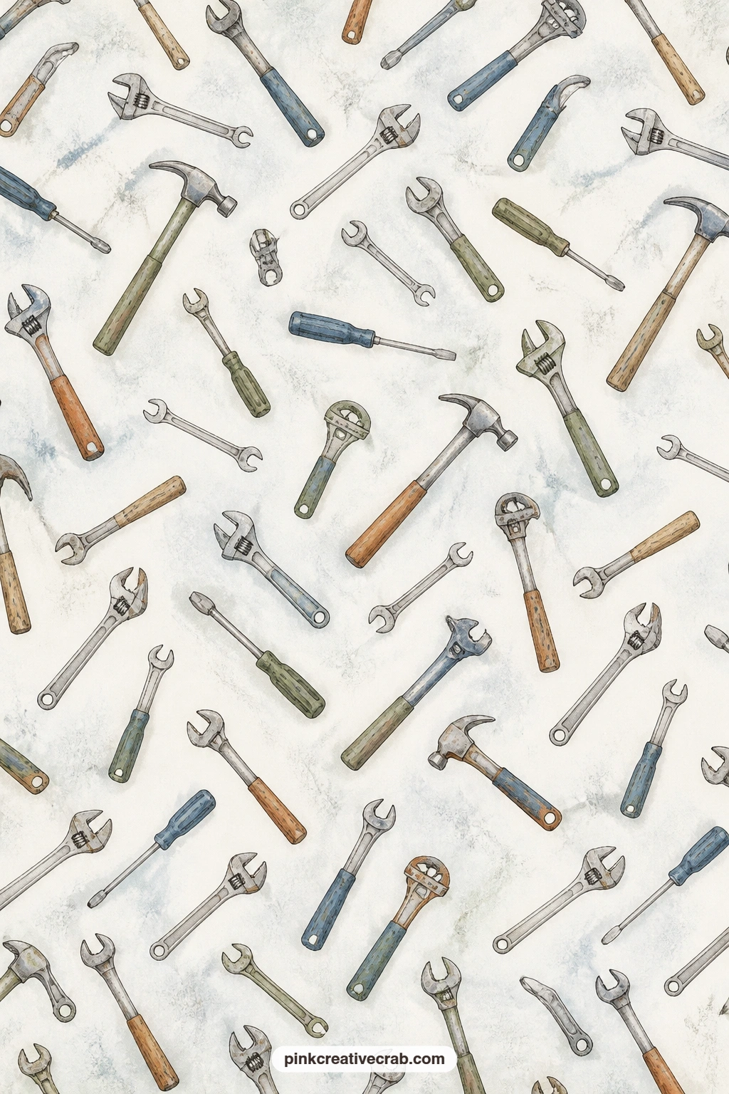 Vintage Hand Tools Toss Pattern printable page — Hammers, wrenches and screwdrivers toss loosely across the page in every direction. Masculine junk journal