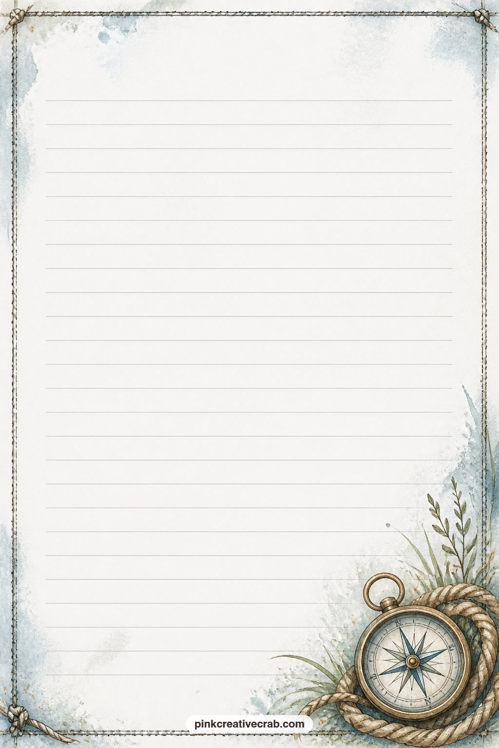 Compass And Rope Corner Lined Page printable page — A small compass and coiled rope anchor one corner while faint lines cross the middle for writing. Masculine