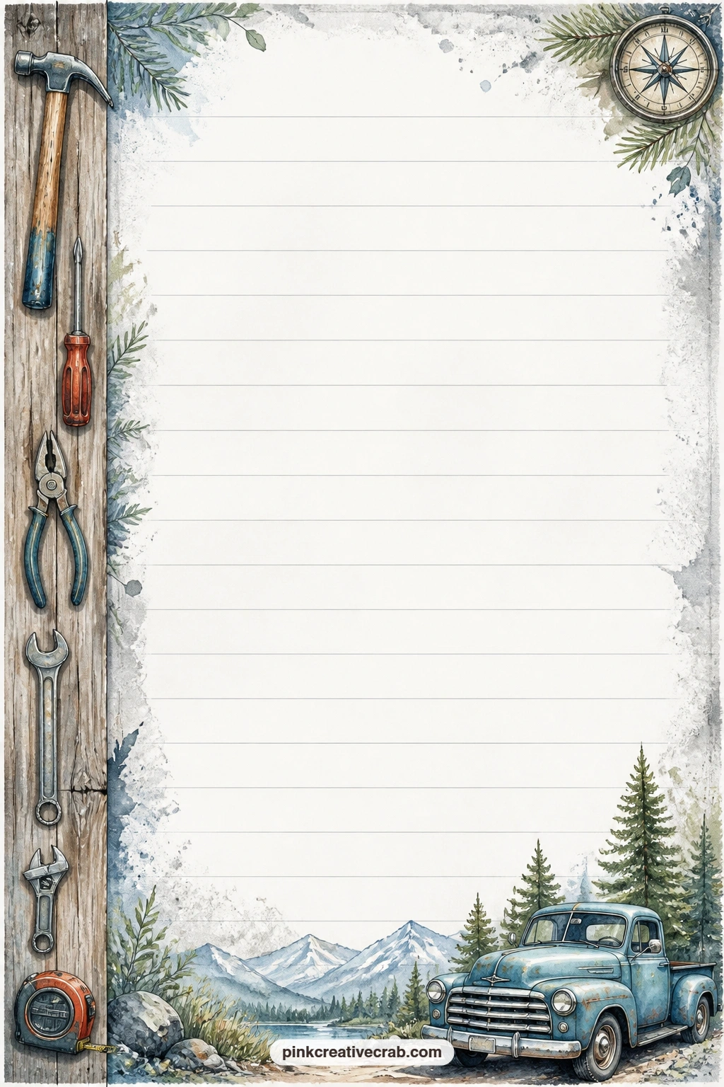 Woodgrain And Tools Lined Page printable page — A thin woodgrain band runs along one side with tiny tool silhouettes tucked into it, leaving the ruled middle