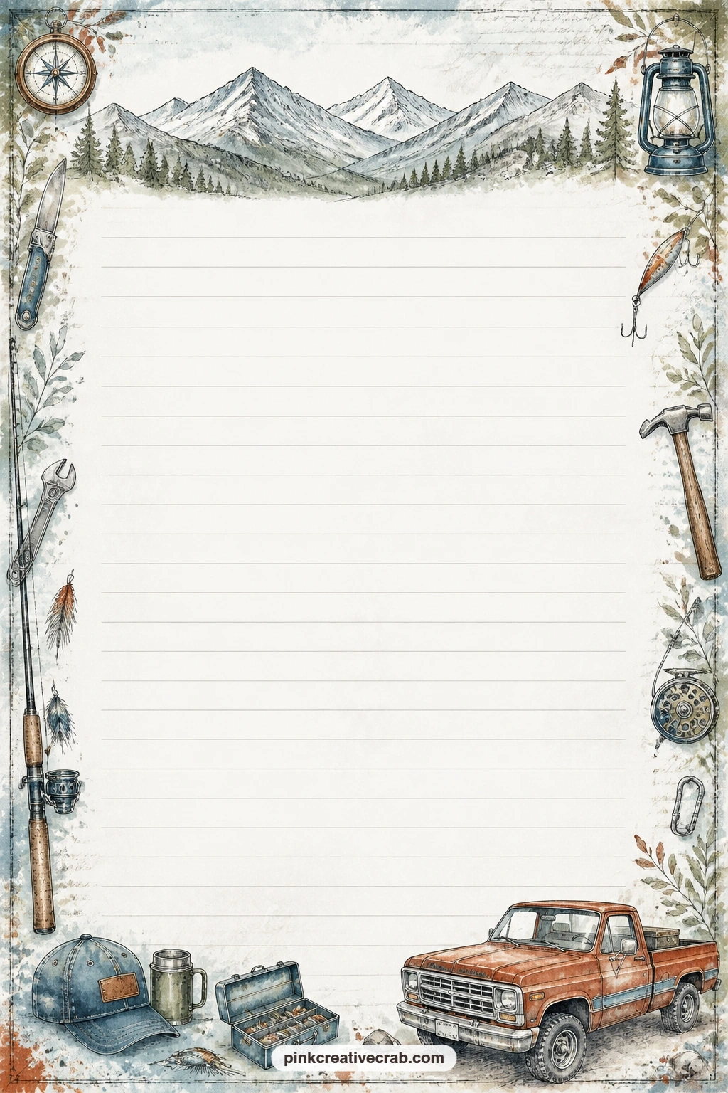 Mountain Ridge Header Lined Page printable page — A soft mountain ridge sits across the top like a header, with faint lines filling the rest of the page.