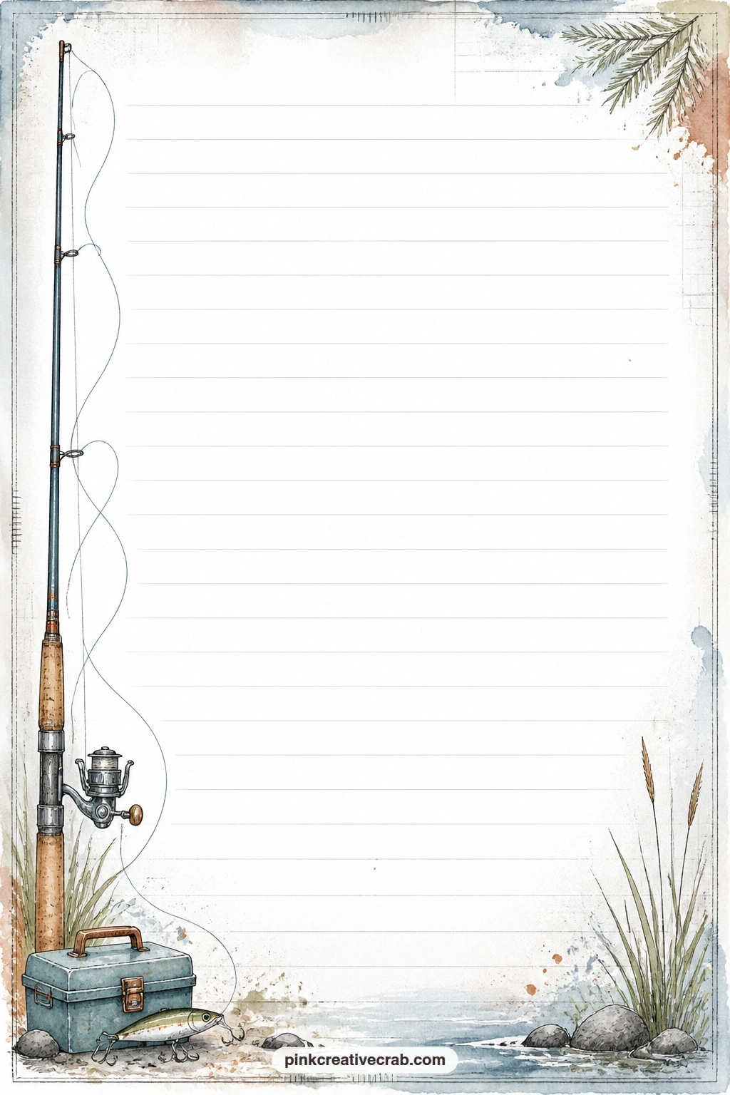 Fishing Rod Side Border Lined Page printable page — A slim fishing rod and line trail down one side border while the rest of the page stays open and ruled.