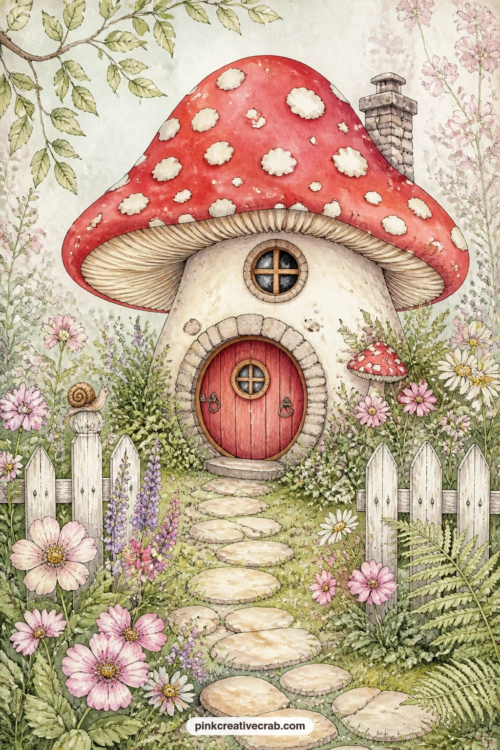 Red Toadstool Cottage printable page — Picture a round red door, a tiny window and a garden path leading up to a toadstool cottage with its cap tipped like a