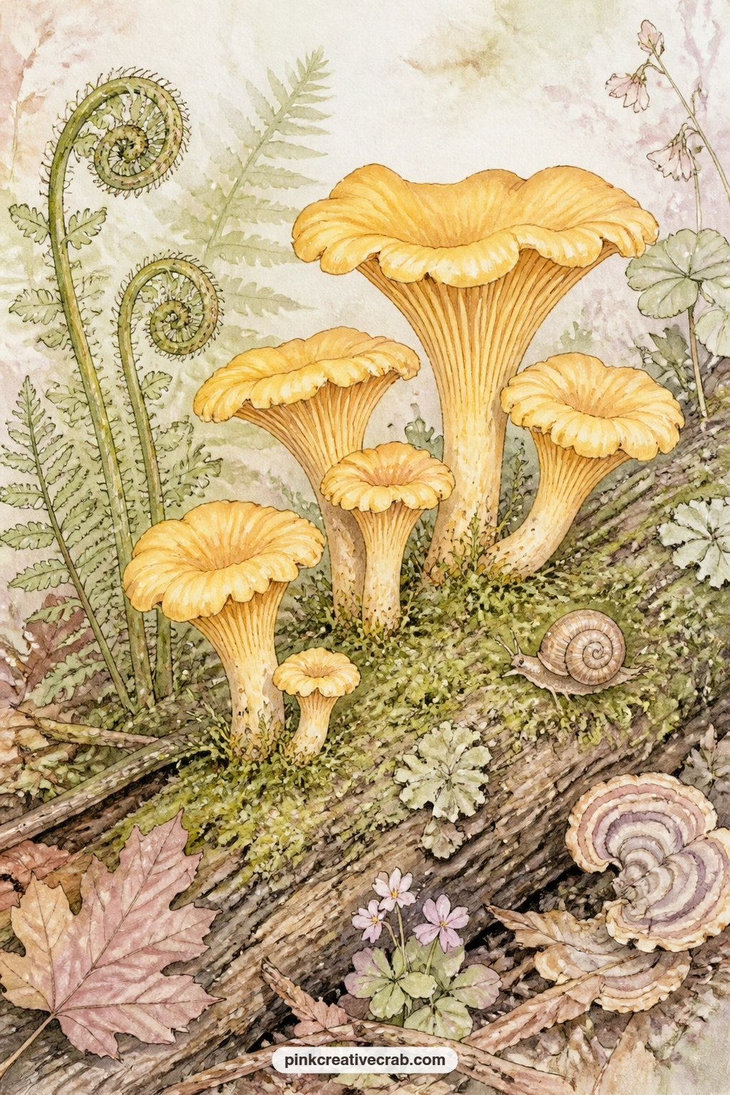 Chanterelles On A Mossy Log printable page — Tuck a pressed fern leaf or a small nature note onto this page, since the mossy log beneath the chanterelles gives