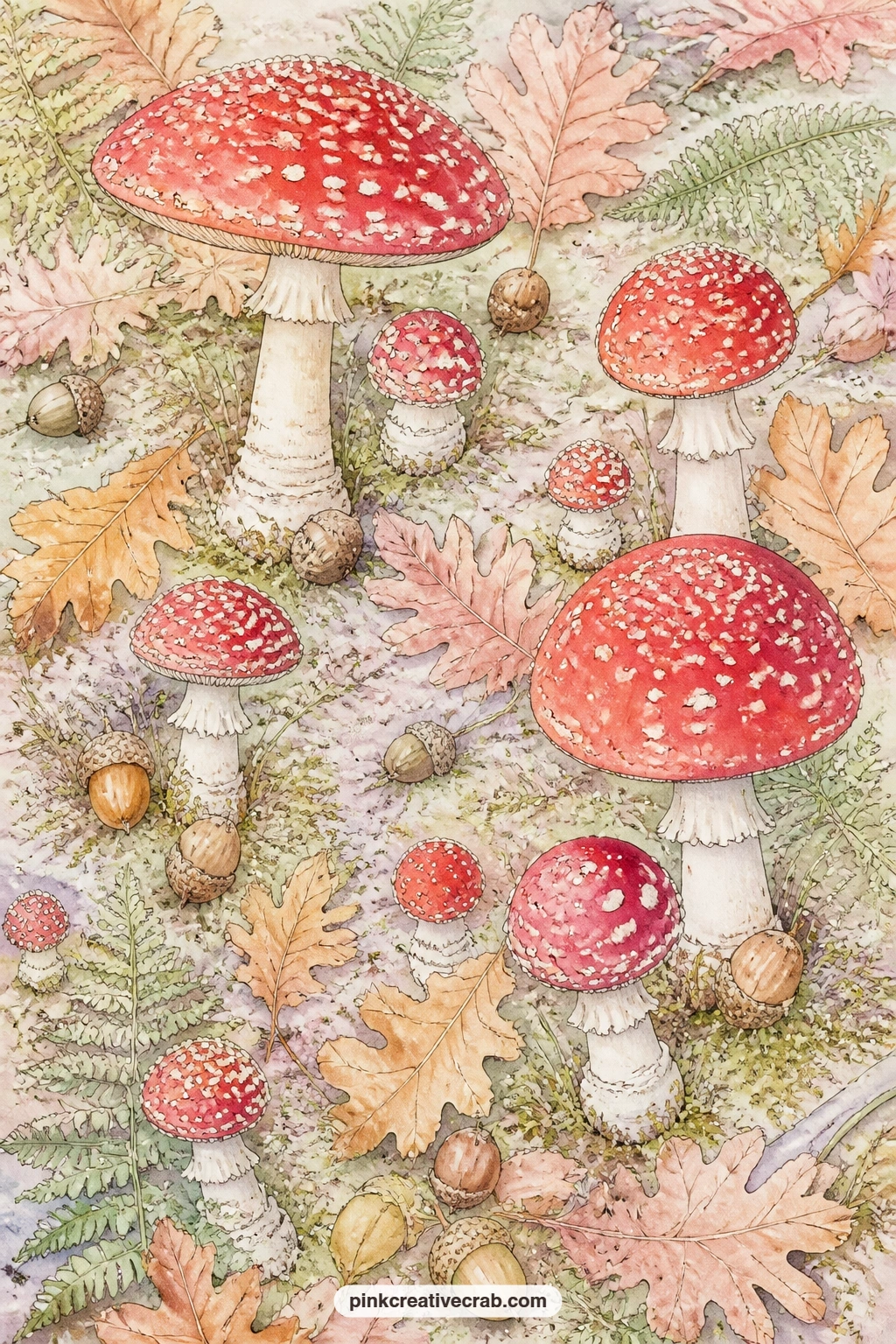 Fly Agaric Woodland Floor printable page — Pair this woodland floor of fly agaric mushrooms with the moss and mushroom cap scatter background from this set