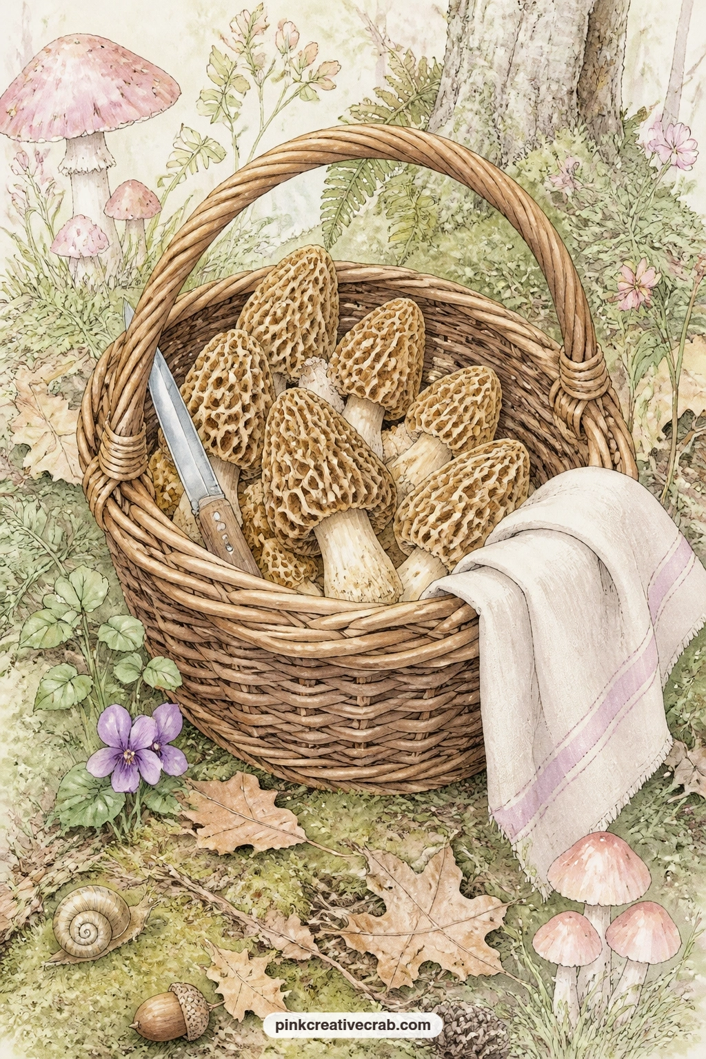 Mushroom Foraging Basket printable page — The usual mistake here is gluing the basket flat against the page so it looks pasted on rather than carried; leave