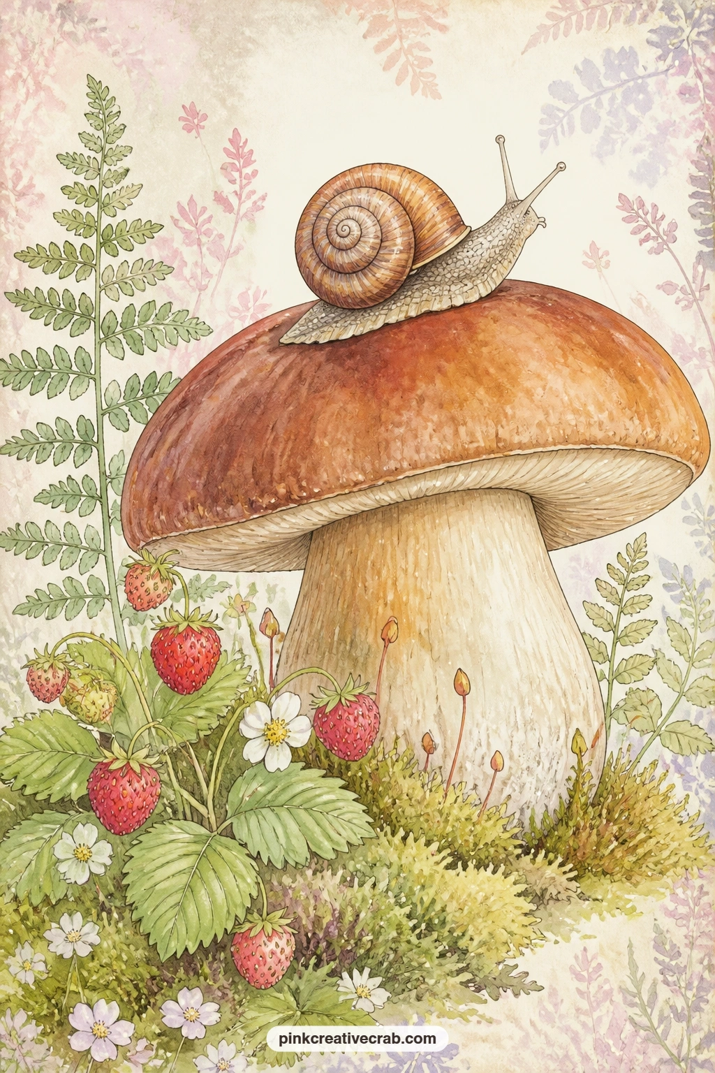 Snail On A Porcini Cap printable page — This page suits a reader who notices small things and never rushes a page, since the snail climbing the porcini cap